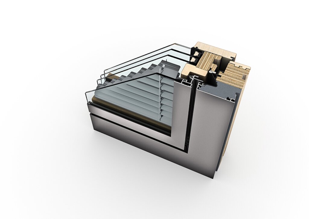 Řez dřevohliníkového okna HV 450 v designu Home Pure s integrovanou žaluzií.