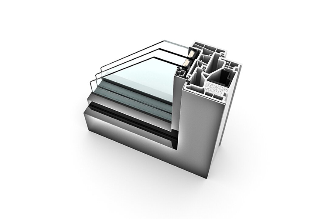 Řez plasthliníkového okna KF 510 v designu Home Pure.