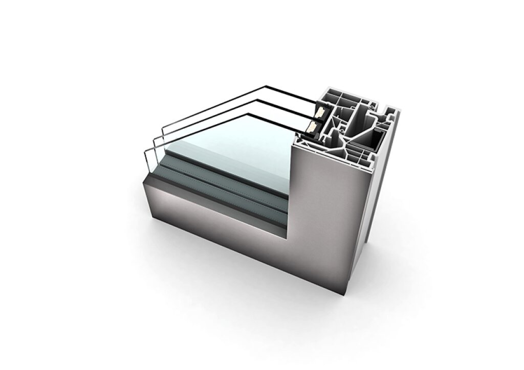 Řez plasthliníkového okna KF 520 v designu Studio.